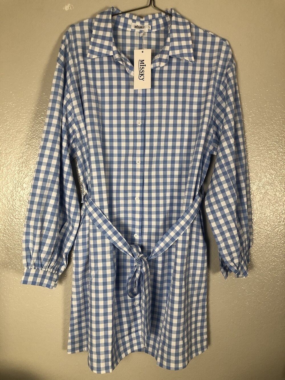 Button Down Shirt Dress for Women Casual V Neck Lantern Sleeve Open Front Plaid